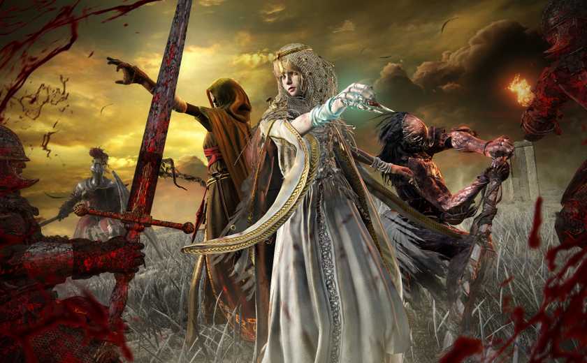Elden Ring Nightreign artwork featuring the Recluse, Revenant, and Executor battling a horde of soldiers