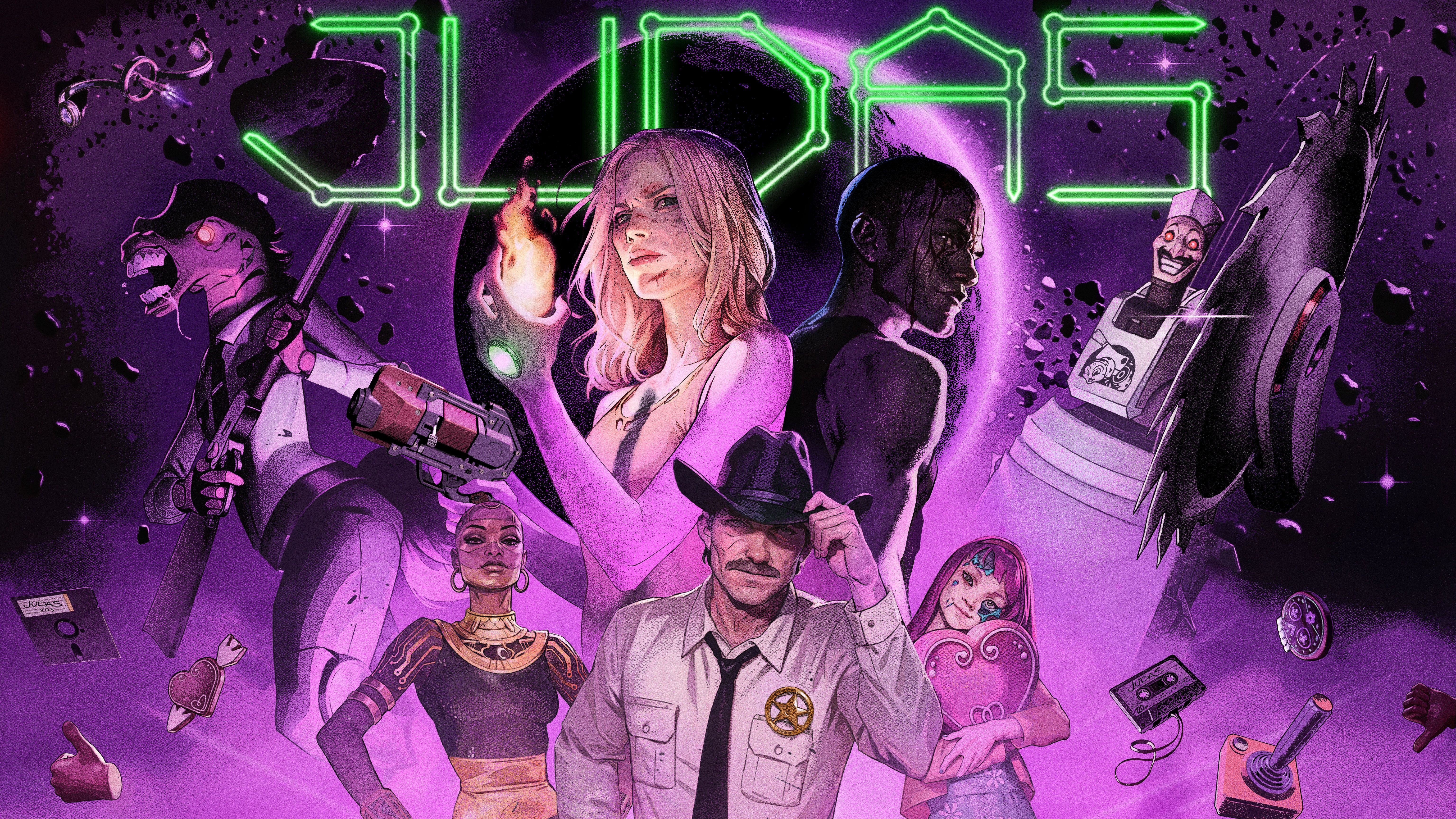 Key art for Judas, the next game by Ghost Ship Games and Ken Levine. It features the game's three possible arch villains, as well as the player character. 